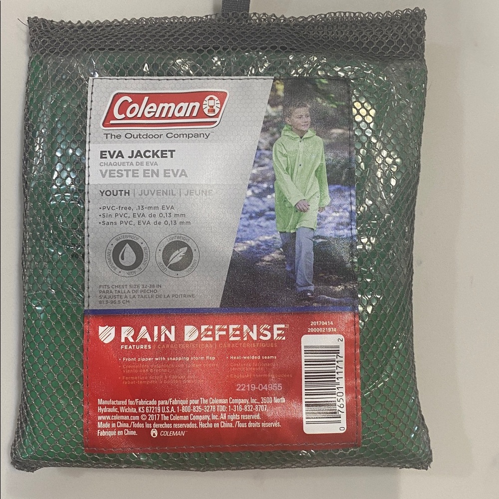 2 Green Coleman youth Eva rain jackets PVC free zipper & buttons with hood Green